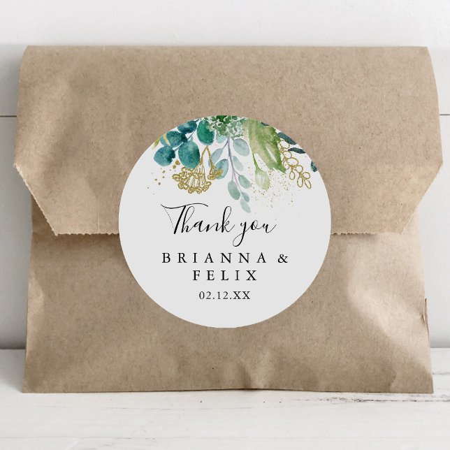 Gold Floral Tropical Green Thank You Wedding Favou Classic Round Sticker (Creator Uploaded)