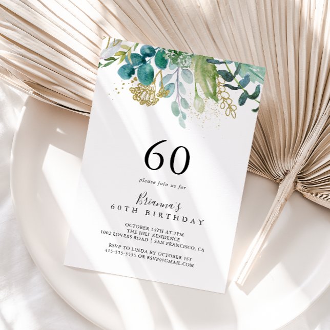 Gold Floral Tropical Greenery 60th Birthday Party Invitation (Creator Uploaded)