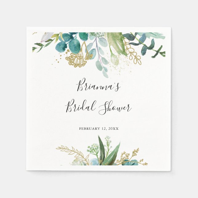 Gold Floral Tropical Greenery Bridal Shower Napkin (Front)