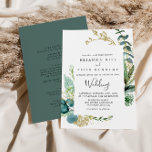 Gold Floral Tropical Greenery Front & Back Wedding Invitation<br><div class="desc">This gold floral tropical greenery front and back wedding invitation is perfect for a destination wedding. The design features predominantly hand-painted watercolor green foliage coupled with gold flowers, adorning an elegant geometric frame. Save paper by including more details on the back of the invitation instead of on a separate enclosure...</div>
