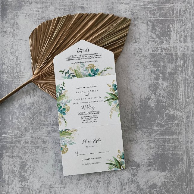 Gold Floral Tropical Greenery Wedding  All In One Invitation (Creator Uploaded)