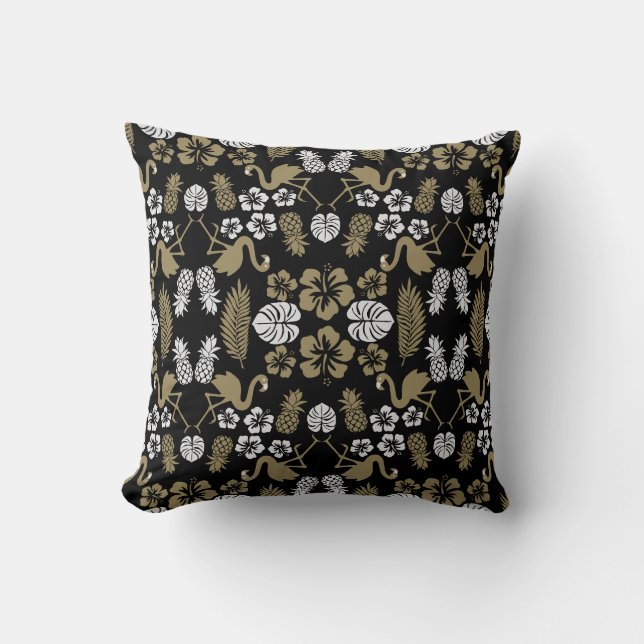 Gold Floral Tropical Patterned Throw Pillow (Front)