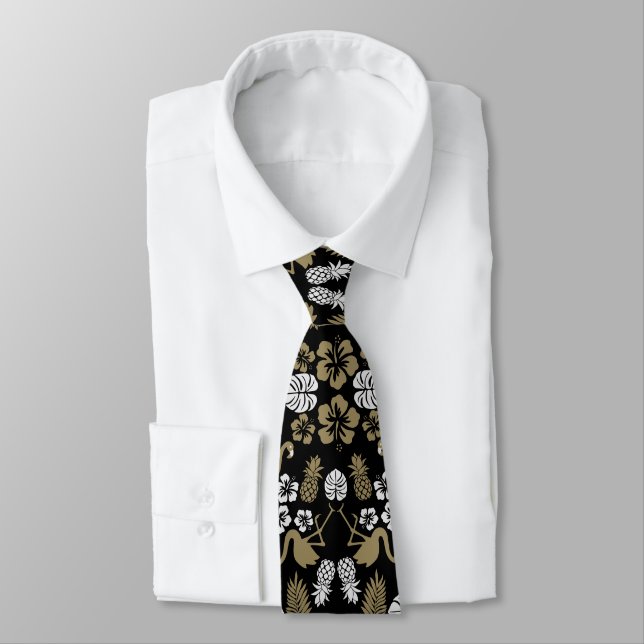 Gold Floral Tropical Patterned Tie (Tied)