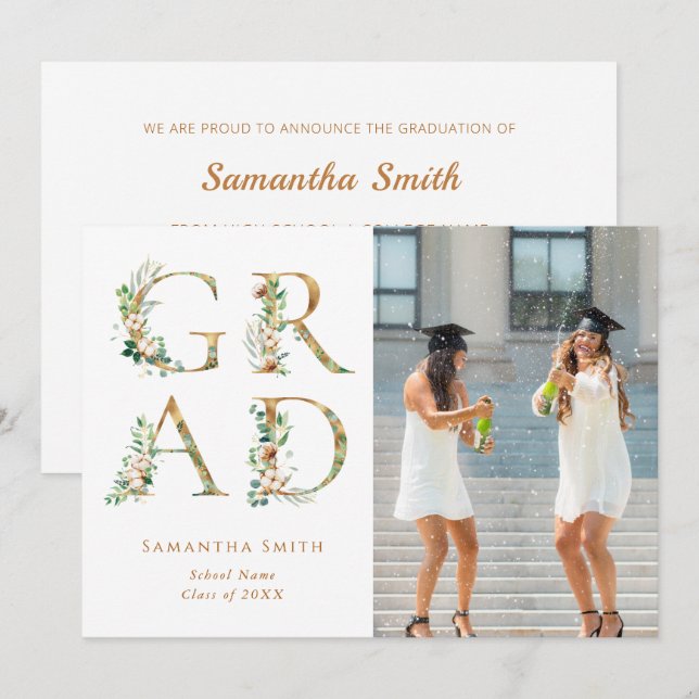 Gold Floral Typography Modern Photo Graduation Announcement (Front/Back)