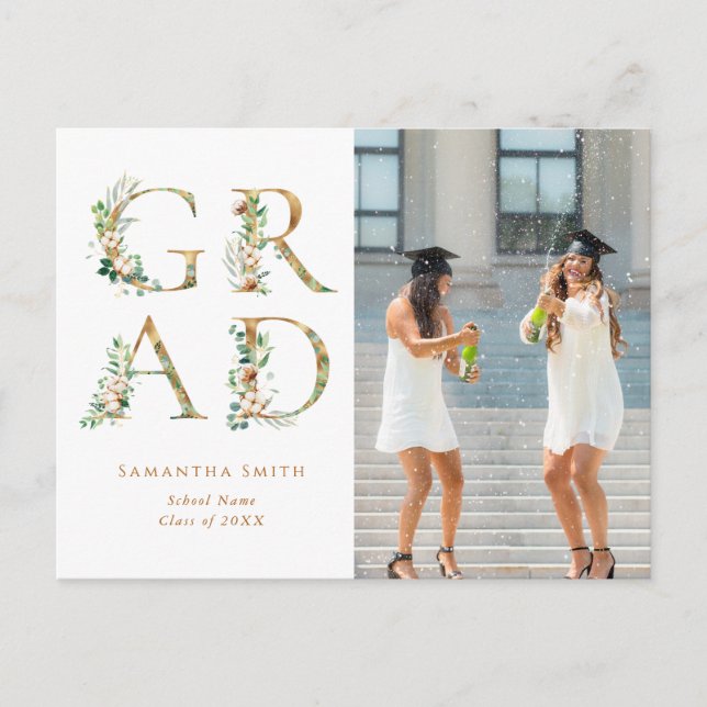 Gold Floral Typography Modern Photo Graduation Invitation Postcard (Front)