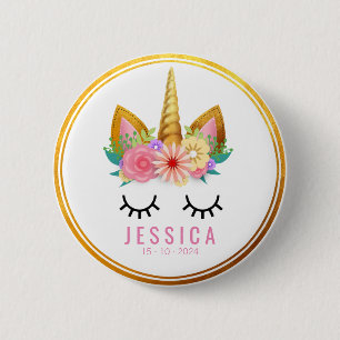 Gold Floral Unicorn Party 2 Inch Round Button