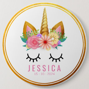 Gold Floral Unicorn Party 6 Inch Round Button