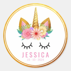 Gold Floral Unicorn Party Classic Round Sticker