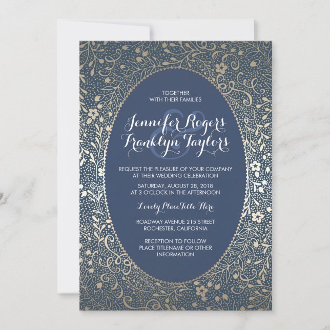 Gold Floral Vintage Marine Invitations de mariage (Devant)