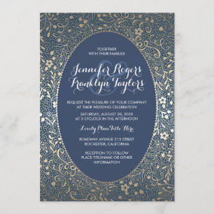 Gold Floral Vintage Navy Wedding Invitations
