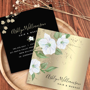 Gold Floral Watercolor Stylish Modern Black Script Square Business Card