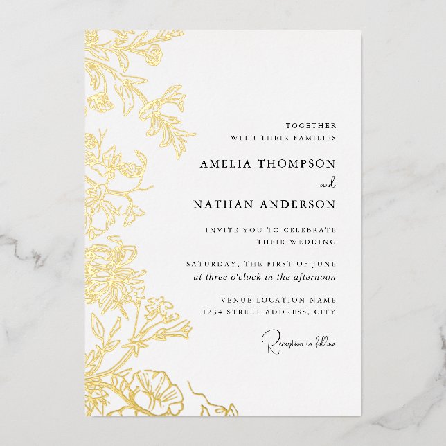 Gold Floral Wedding  Foil Invitation (Front)