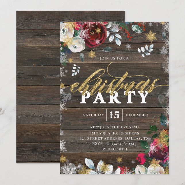 Gold Floral Wood Christmas Party Invitation (Front/Back)