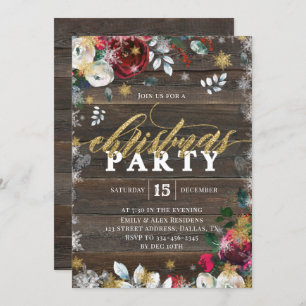 Gold Floral Wood Christmas Party Invitation