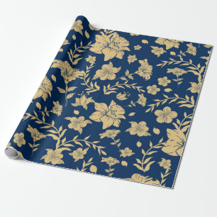 Gold Floral Wrapping Paper With Navy Background