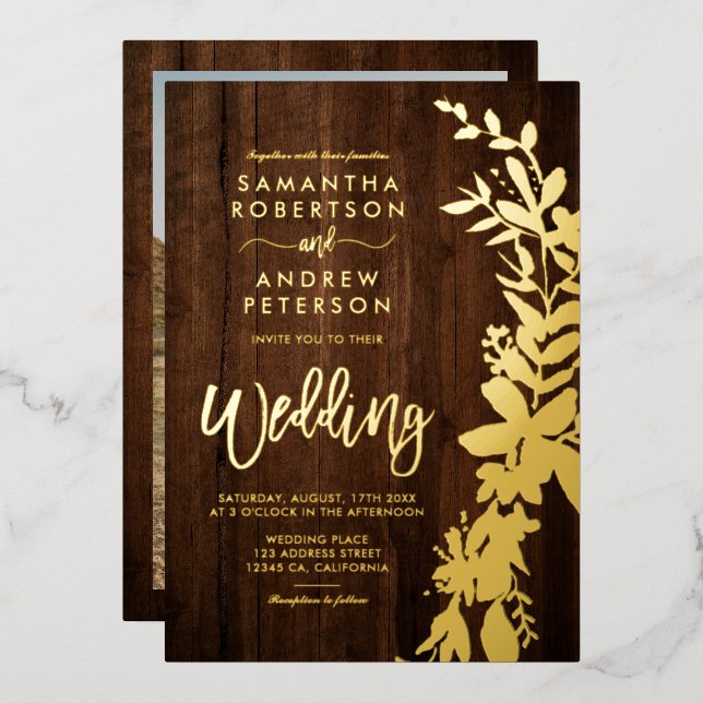 gold floral wreath chic wedding rustic brown wood (Front/Back)