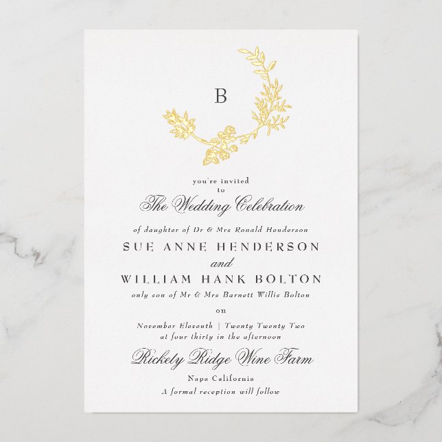 Gold Floral Wreath Classic Monogram Wedding (Front)