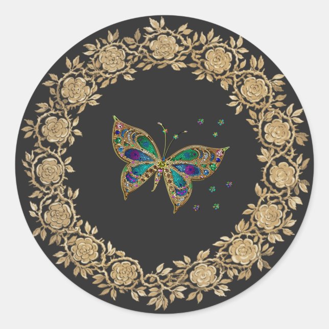 Gold Floral Wreath, Colourful Butterfly Classic Round Sticker (Front)