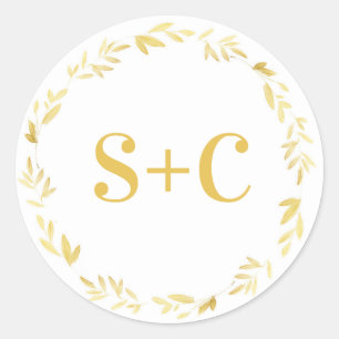 Gold floral wreath personalized wedding stickers
