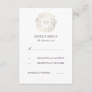 Gold Floral Wreath   Plum Text Wedding RSVP Cards