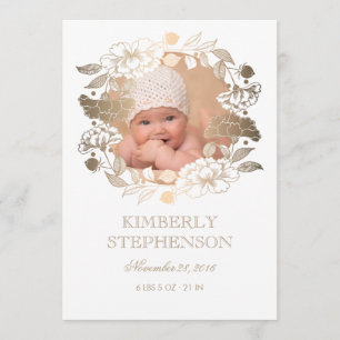 Gold Floral Wreath Sweet Newborn Baby Photo Birth Announcement