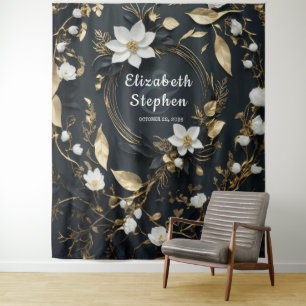 Gold Floral Wreath Wedding Photo Booth Backdrop Tapestry
