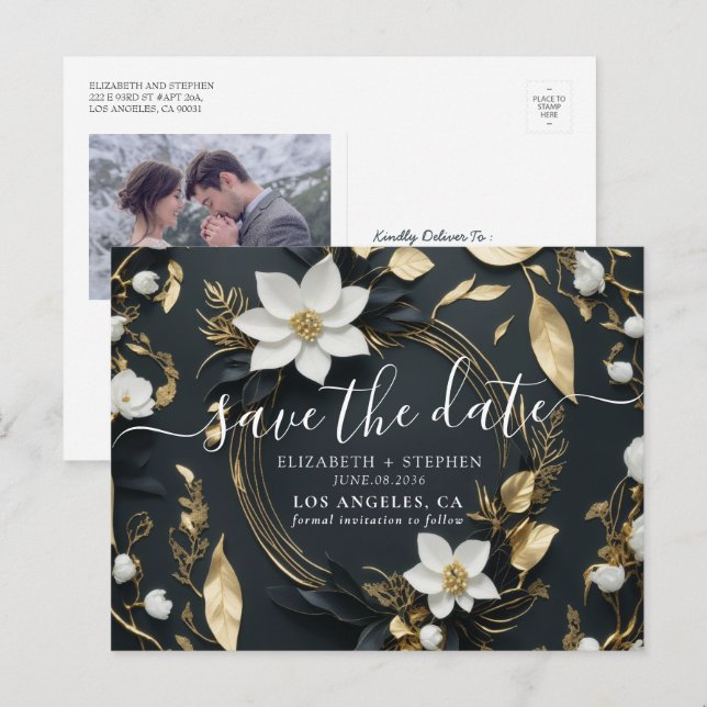 Gold Floral Wreath Wedding Photo Save the Date Announcement Postcard (Front/Back)