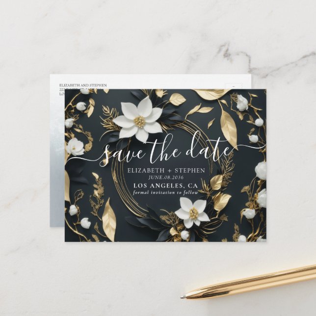 Gold Floral Wreath Wedding Photo Save the Date Announcement Postcard (Front/Back In Situ)