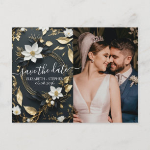 Gold Floral Wreath Wedding Photo Save the Date Announcement Postcard