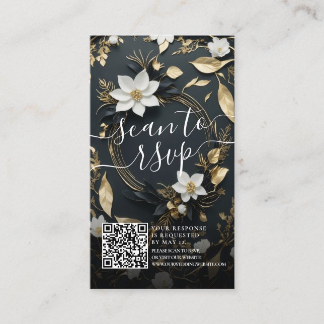 Gold Floral Wreath Wedding QR Code Website RSVP Enclosure Card (Front)