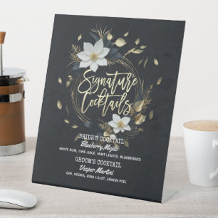 Gold Floral Wreath Wedding Signature Drink Menu Pedestal Sign