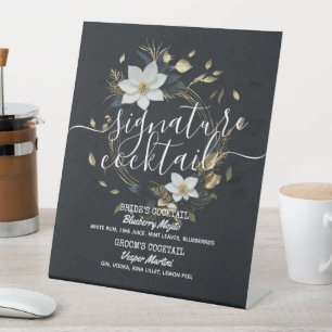 Gold Floral Wreath Wedding Signature Drink Menu Pedestal Sign