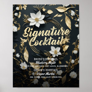 Gold Floral Wreath Wedding Signature Drink Menu Poster