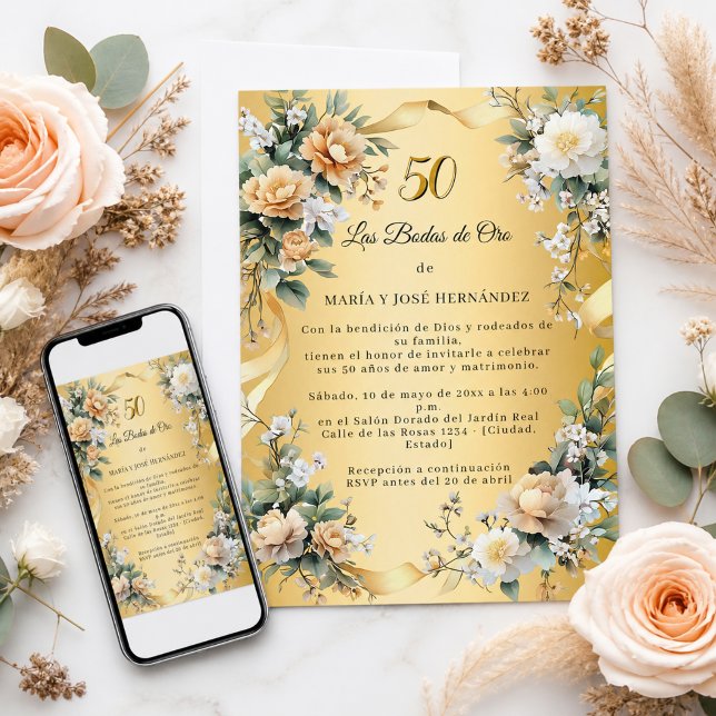Gold Florals Invitación Bodas de Oro Invitation (Creator Uploaded)