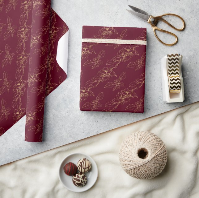 Gold Florals On Burgundy Wedding Wrapping Paper (Crafts)
