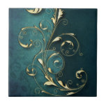 Gold Florentine Scrolls Tile<br><div class="desc">Elegant and intricate shadowed gold scrollwork on a background of teal blue damask in a dark to light gradient.</div>