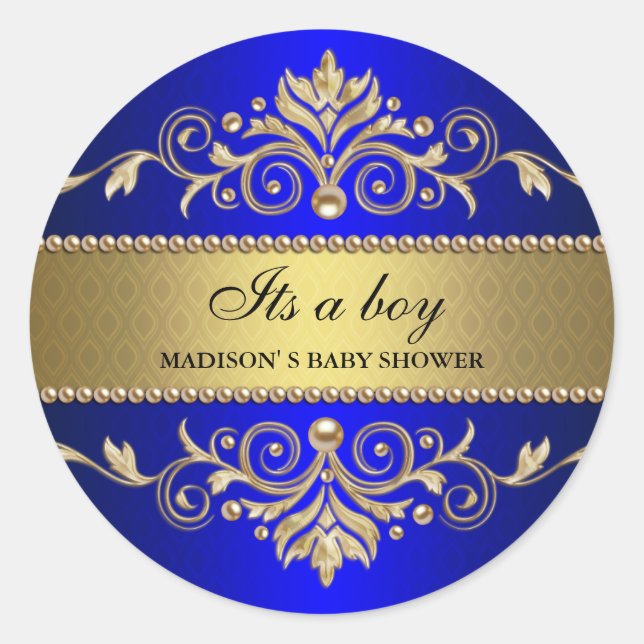 Gold Flourish Blue Elegant Baby Shower Its A Boy Classic Round Sticker (Front)