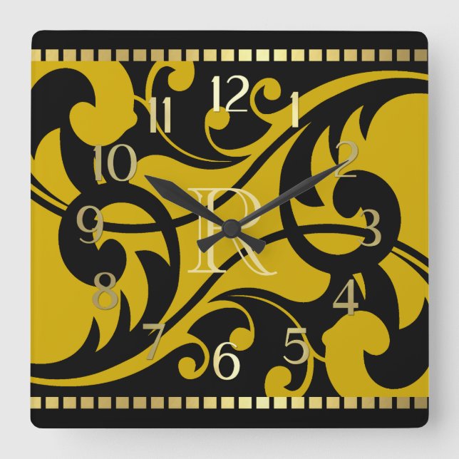 Gold Flourish Design Gold Border with Monogram Square Wall Clock (Front)