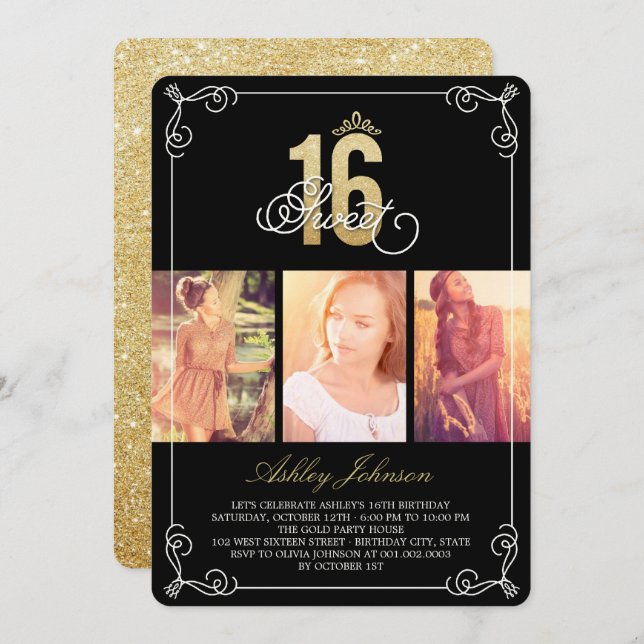 Gold Flourish Glam Sweet 16 Photo Birthday Party Invitation (Front/Back)