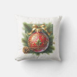Gold Flourish Red Ornament & Pine  Outdoor Pillow