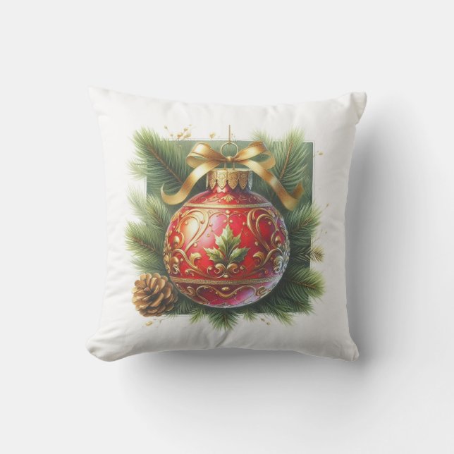 Gold Flourish Red Ornament & Pine  Outdoor Pillow (Front)