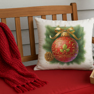 Gold Flourish Red Ornament & Pine Outdoor Pillow