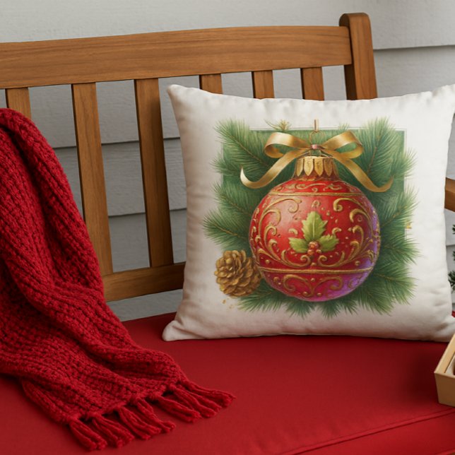 Gold Flourish Red Ornament & Pine  Outdoor Pillow (Creator Uploaded)
