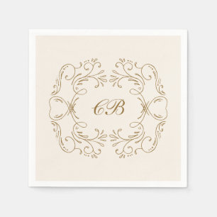 Gold Flourish Wreath Monogram Ivory Wedding Party Napkin