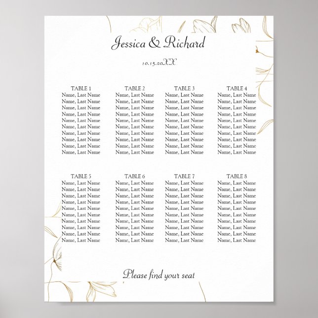 Gold Flower 8 Tables Seating Chart Poster Sign (Front)