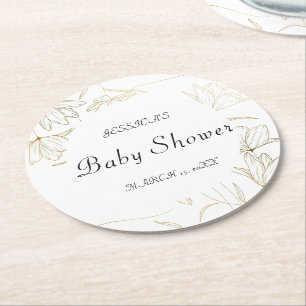 Gold Flower Baby Shower  Round Paper Coaster