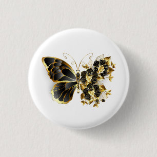 Gold Flower Butterfly with Black Orchid 1 Inch Round Button