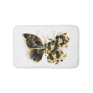 Gold Flower Butterfly with Black Orchid Bath Mat