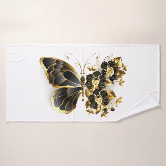 Gold Flower Butterfly with Black Orchid Bath Towel (Bath Towel)