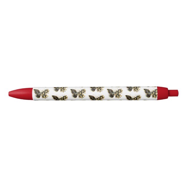 Gold Flower Butterfly with Black Orchid Black Ink Pen (Front)
